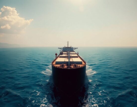 Oil tanker navigating the Strait of Hormuz under calm skies, representing eased supply disruption fears.
