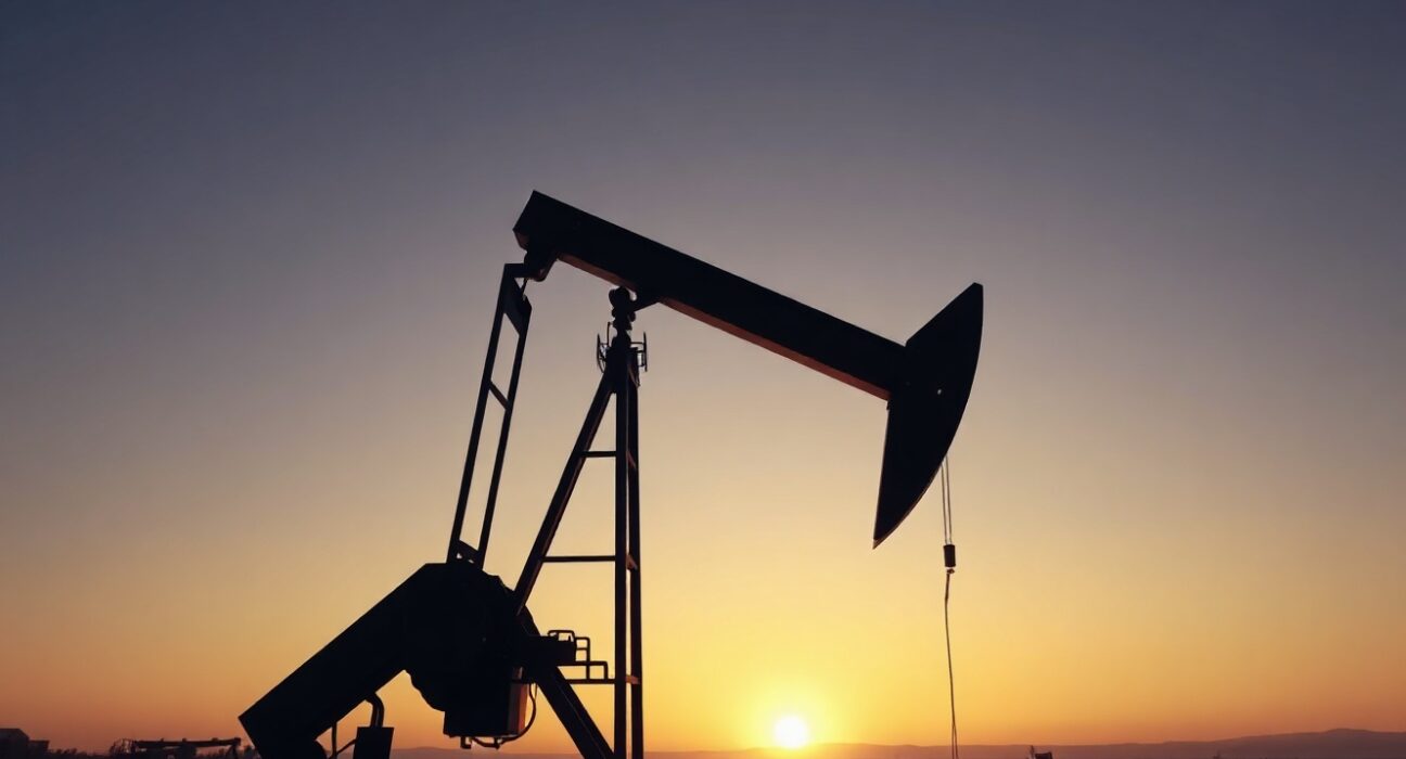 Oil pumpjack silhouette at sunset in an open field