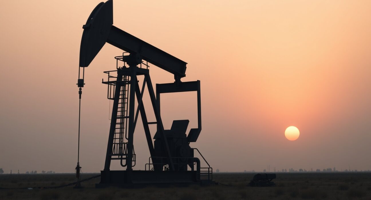 Silhouette of an oil pumpjack at sunset in a dry field, representing declining crude oil prices.