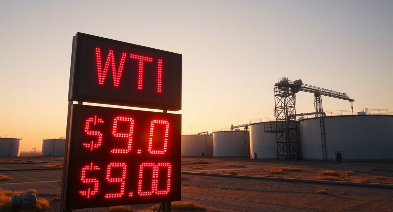 WTI crude oil price ticker showing below $90 with storage tanks in background