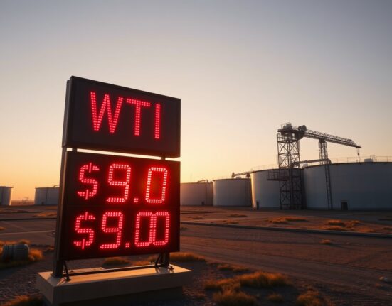 WTI crude oil price ticker showing below $90 with storage tanks in background