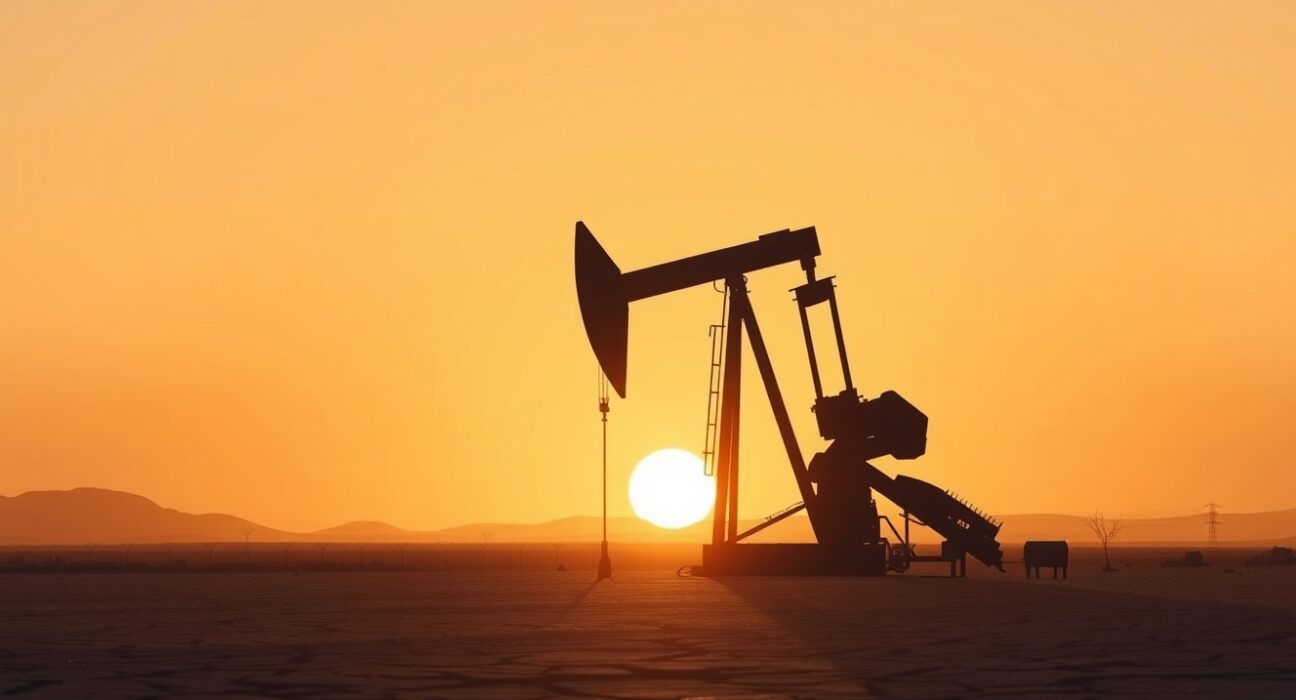 WTI Oil pumpjack silhouetted at sunset reflecting fragile US-Iran ceasefire impact on crude oil prices