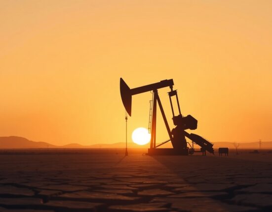 WTI Oil pumpjack silhouetted at sunset reflecting fragile US-Iran ceasefire impact on crude oil prices