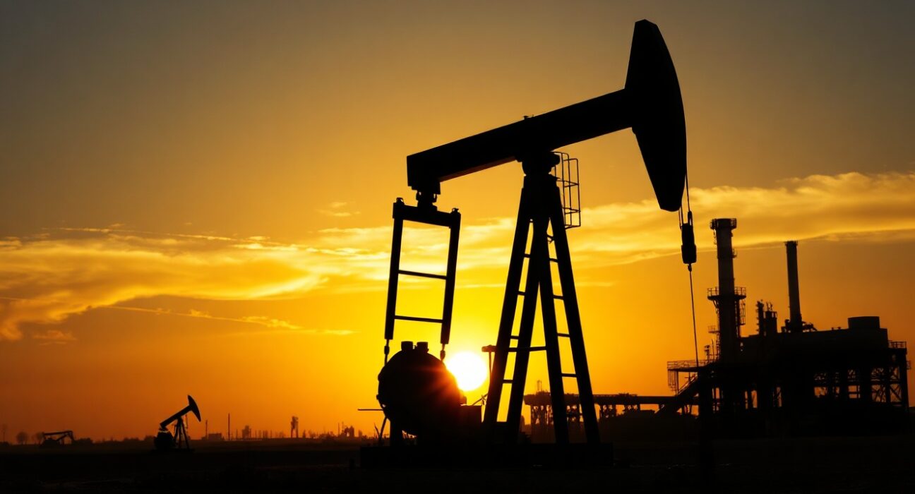 Oil pumpjack silhouette at sunset, representing WTI crude supply concerns amid US-Iran tensions.