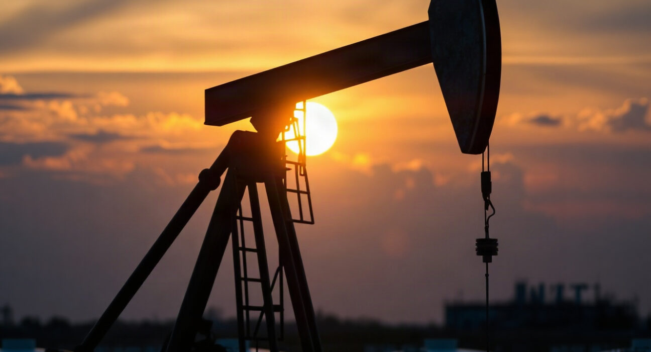 WTI oil pumpjack at sunset as crude prices rise amid US-Iran tensions