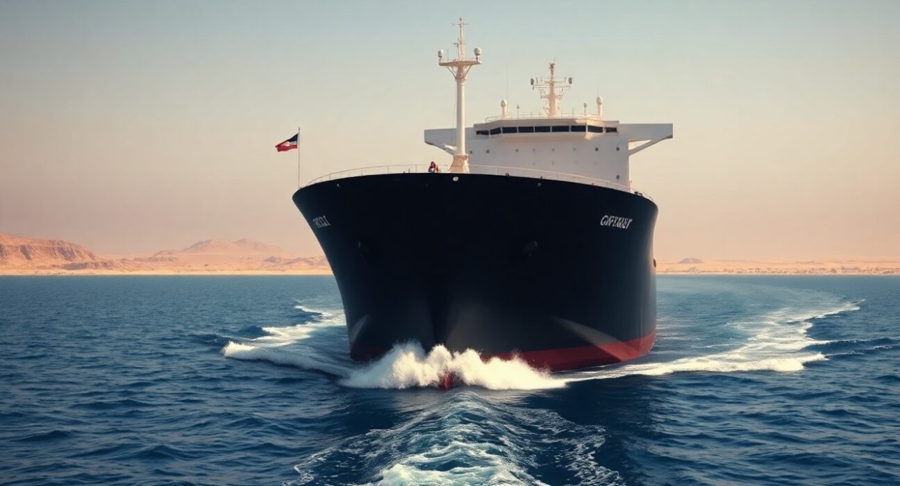 Oil tanker sailing through the Strait of Hormuz under clear daylight skies