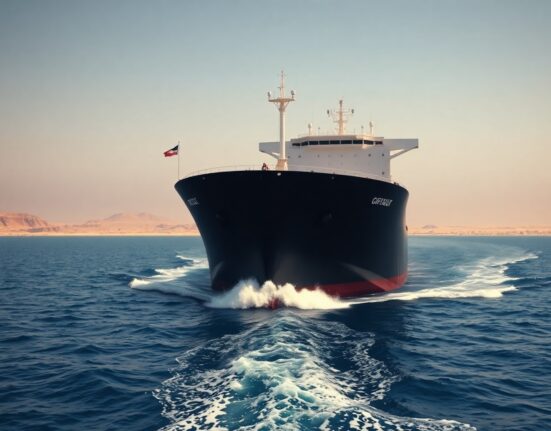 Oil tanker sailing through the Strait of Hormuz under clear daylight skies