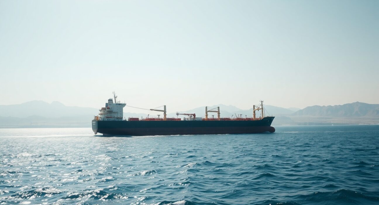 Oil tanker in the Strait of Hormuz under hazy sunlight, representing crude oil supply routes.