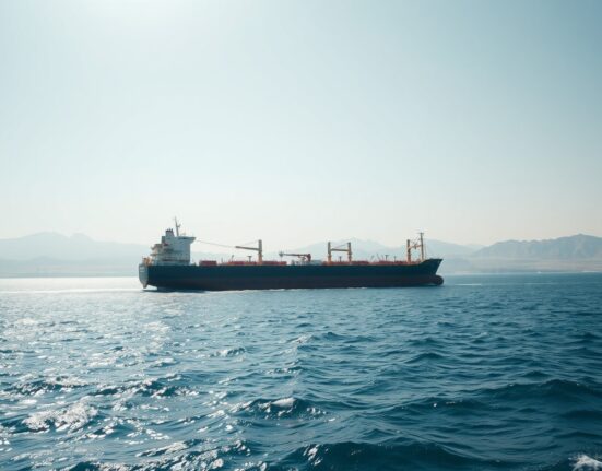 Oil tanker in the Strait of Hormuz under hazy sunlight, representing crude oil supply routes.