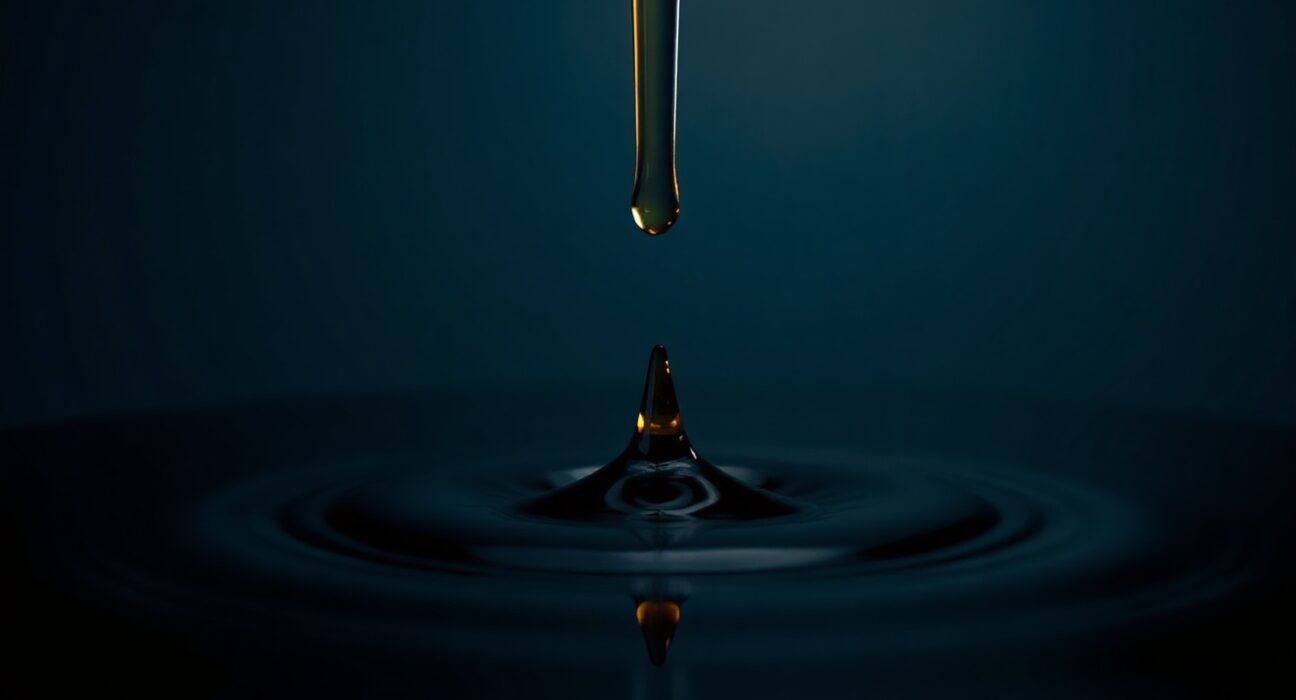 Close-up of a dark oil drop falling onto a reflective surface, representing the sharp decline in WTI crude oil prices.