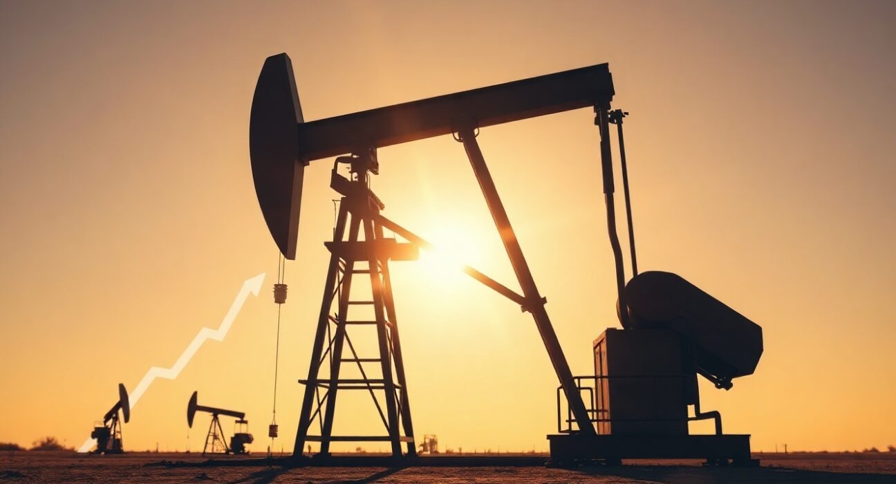Oil pumpjack silhouetted against sunset sky, symbolizing falling WTI crude oil prices amid Middle East peace hopes.