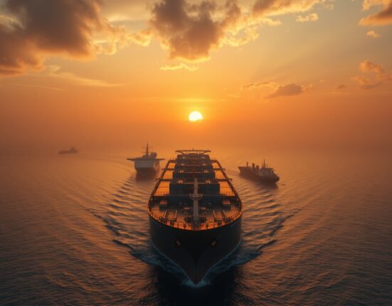 WTI oil eases as Hormuz Strait tensions keep crude supply risks in focus, showing an oil tanker navigating the strategic waterway