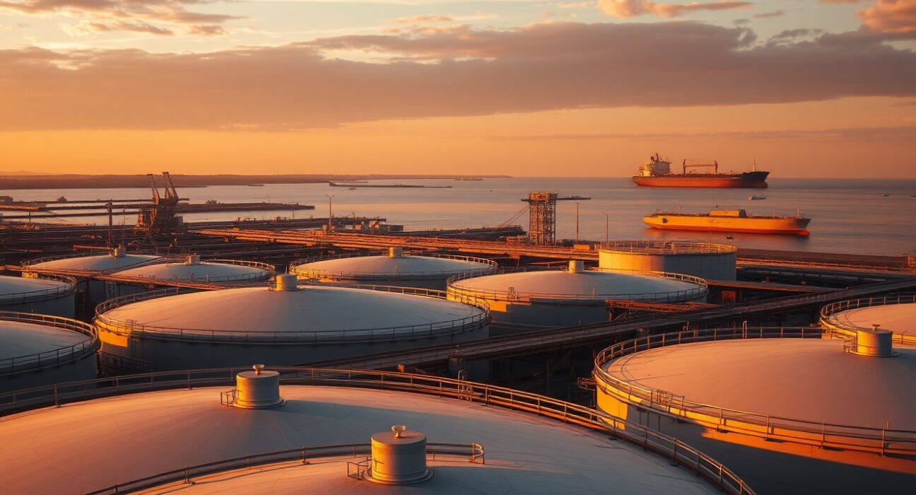 Crude oil storage tanks at sunset with a tanker ship near a strait, representing oil supply and geopolitical tensions.