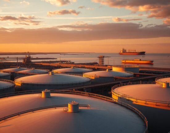 Crude oil storage tanks at sunset with a tanker ship near a strait, representing oil supply and geopolitical tensions.