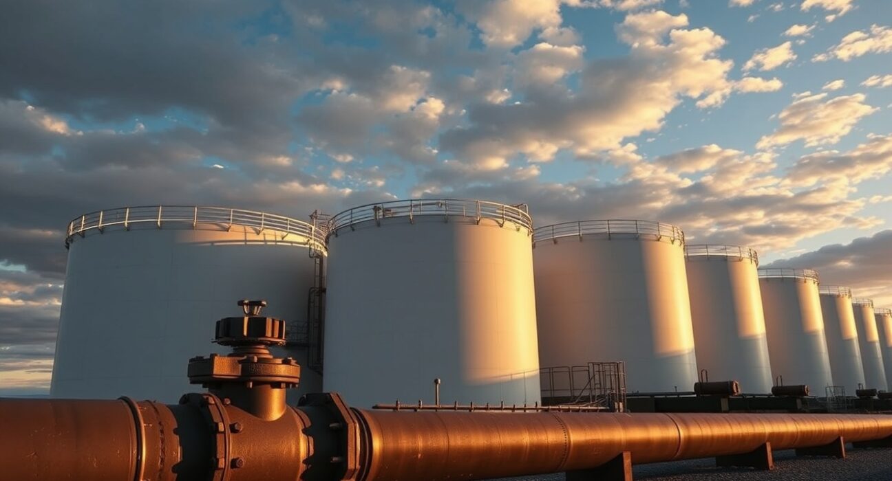 Crude oil storage tanks at a tank farm under overcast sky representing oversupply concerns