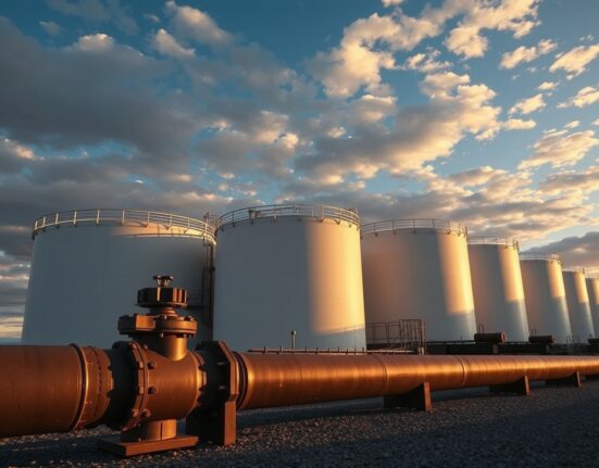 Crude oil storage tanks at a tank farm under overcast sky representing oversupply concerns
