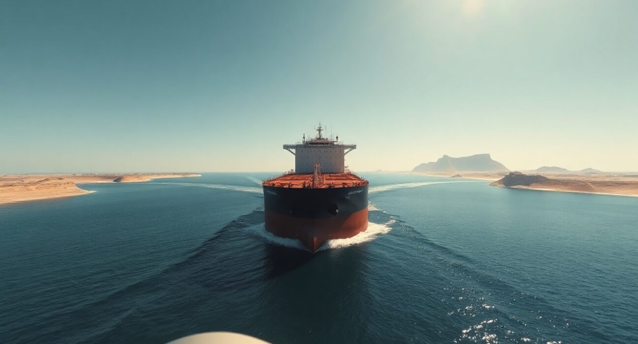 Oil tanker navigating the strategic Strait of Hormuz waterway under clear skies.