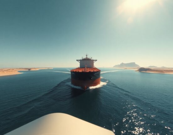 Oil tanker navigating the strategic Strait of Hormuz waterway under clear skies.