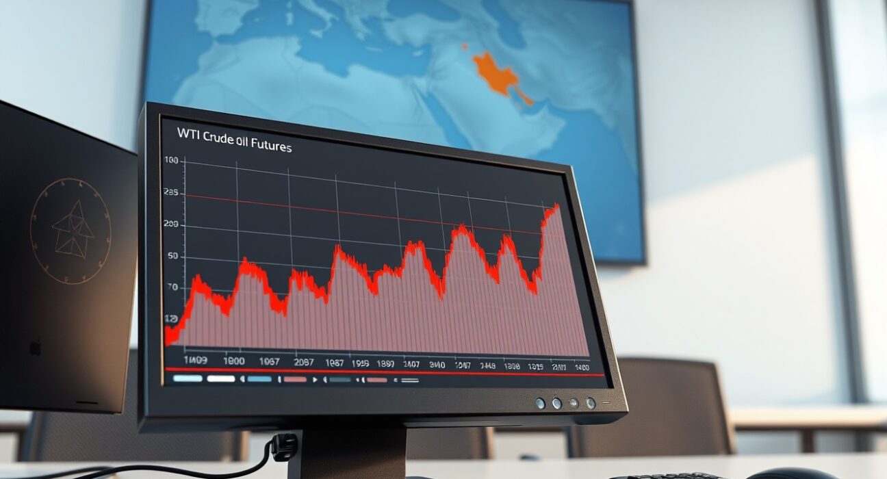 WTI oil price chart rising sharply on a trading terminal amid news of Middle East turmoil and strategic reserve discussions.