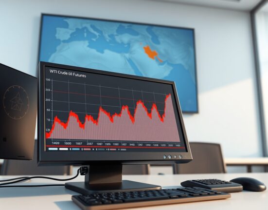 WTI oil price chart rising sharply on a trading terminal amid news of Middle East turmoil and strategic reserve discussions.