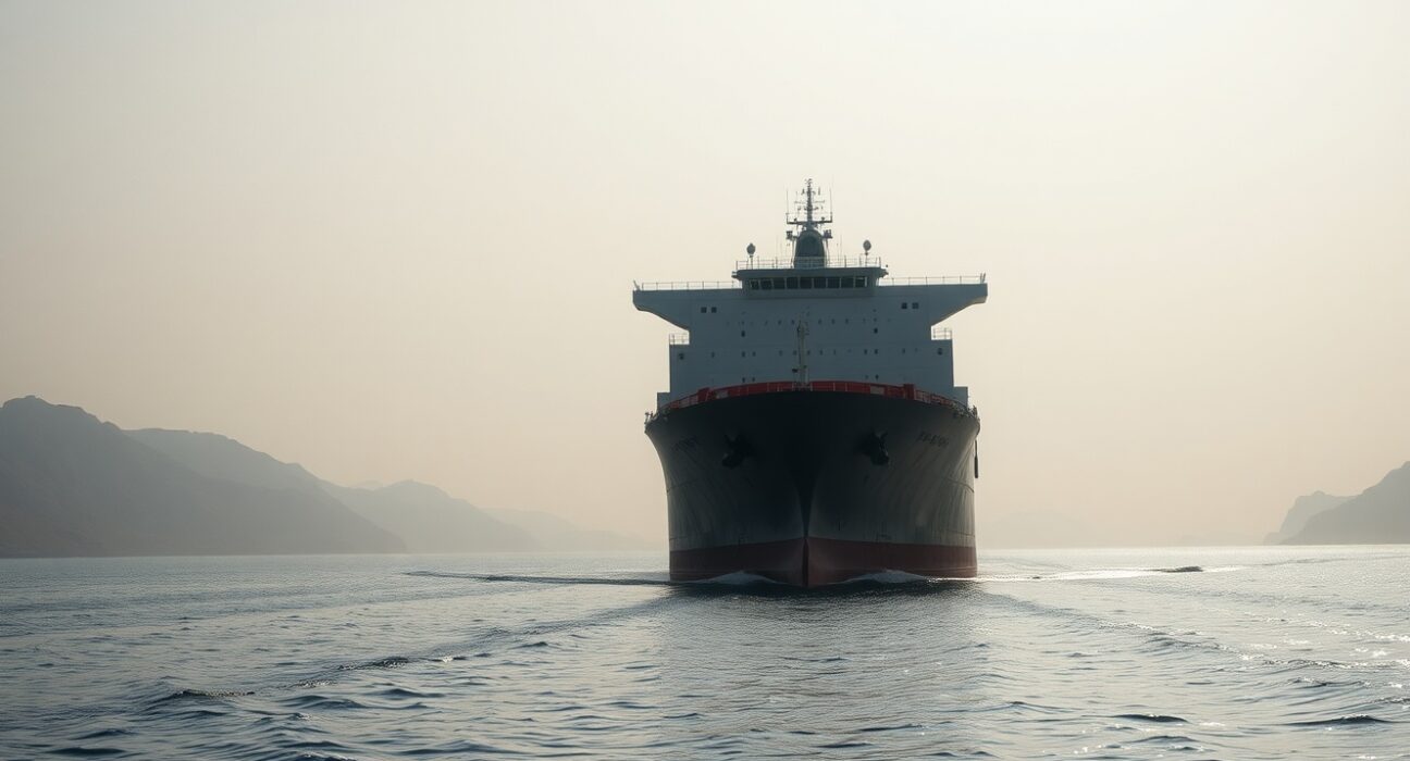 Oil tanker sailing through the Strait of Hormuz under overcast sky, representing geopolitical supply risk.