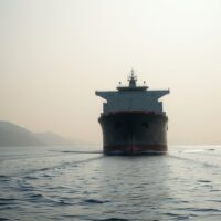 Oil tanker sailing through the Strait of Hormuz under overcast sky, representing geopolitical supply risk.