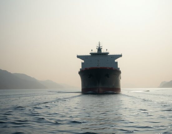 Oil tanker sailing through the Strait of Hormuz under overcast sky, representing geopolitical supply risk.