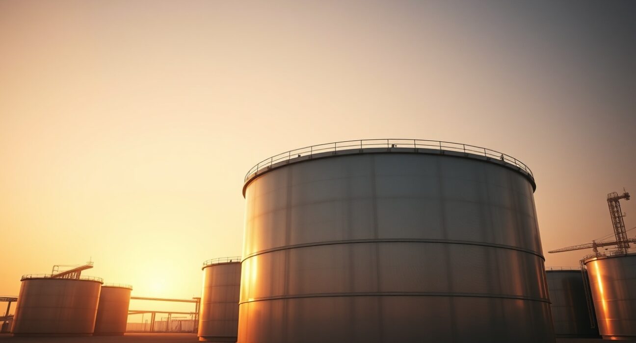 WTI crude oil storage tanks at sunset, representing steady oil prices despite geopolitical risks.