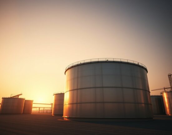 WTI crude oil storage tanks at sunset, representing steady oil prices despite geopolitical risks.