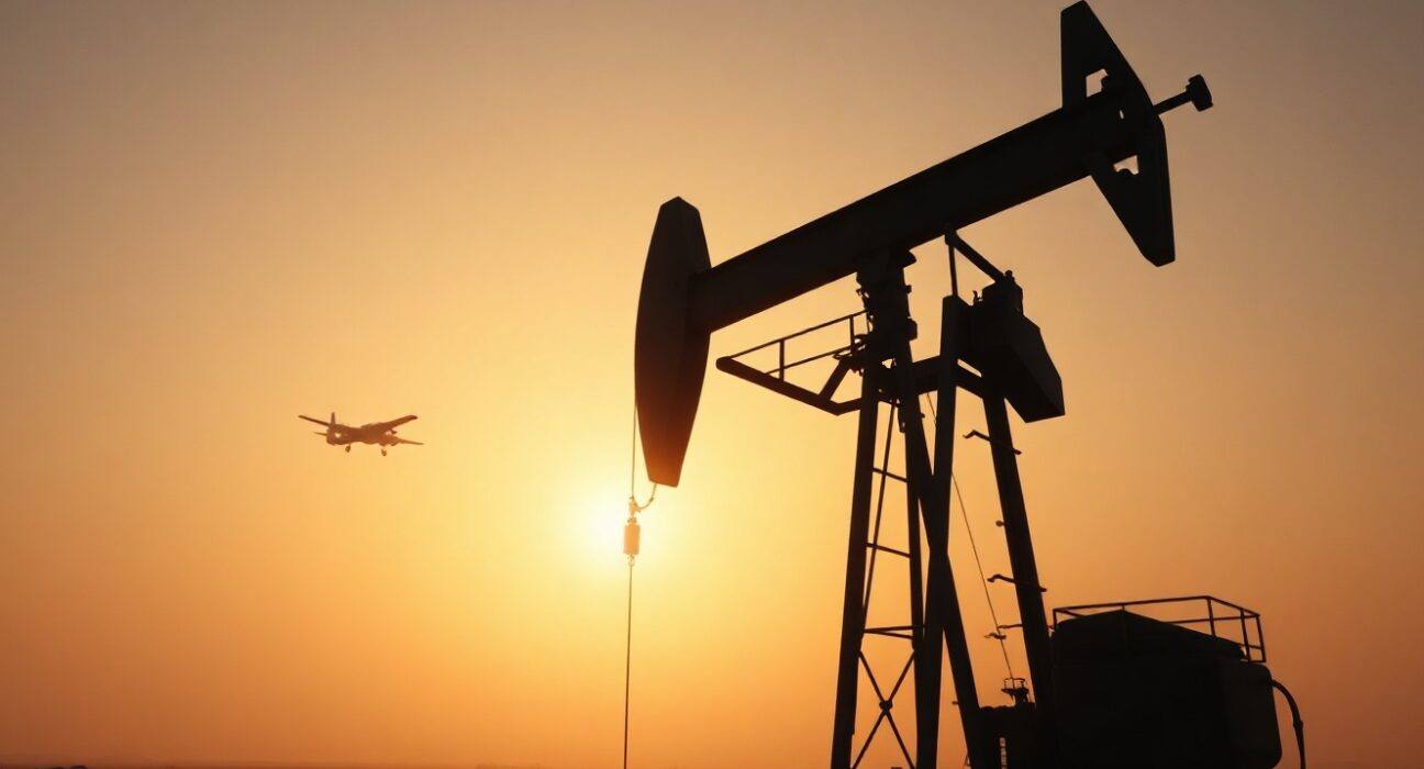 Oil pumpjack silhouette at sunset with military aircraft in distant sky, representing geopolitical supply risk