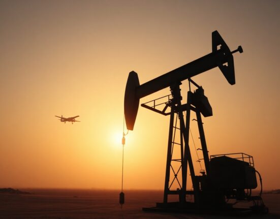 Oil pumpjack silhouette at sunset with military aircraft in distant sky, representing geopolitical supply risk