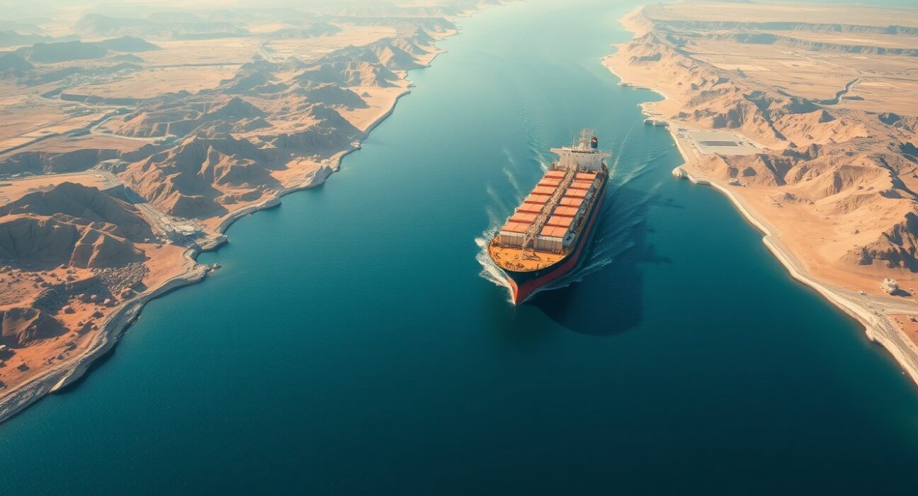 Oil tanker navigating the strategic Strait of Hormuz, a key chokepoint for global WTI crude oil shipments.