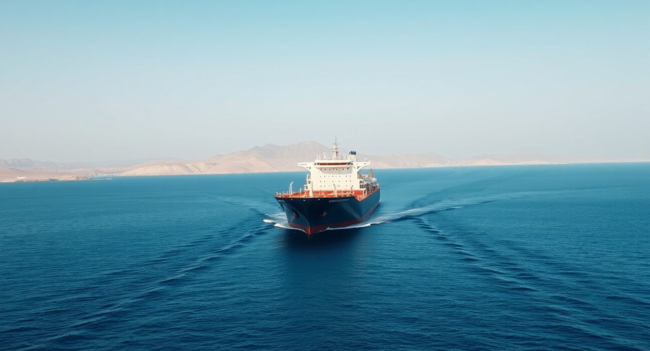 Oil tanker sailing through the Strait of Hormuz under a clear sky.