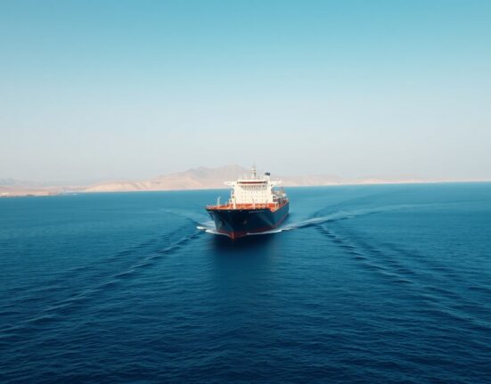 Oil tanker sailing through the Strait of Hormuz under a clear sky.