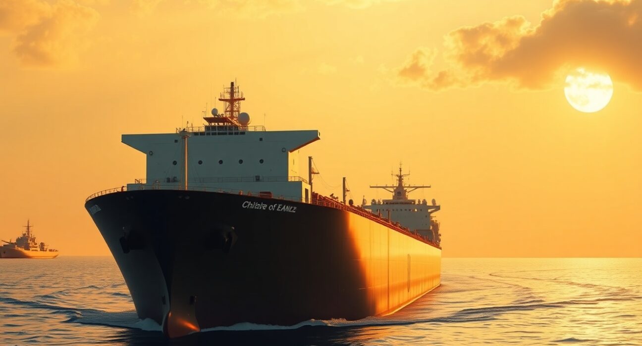 WTI crude oil tanker navigating the Strait of Hormuz amid geopolitical tensions and US-Iran talks