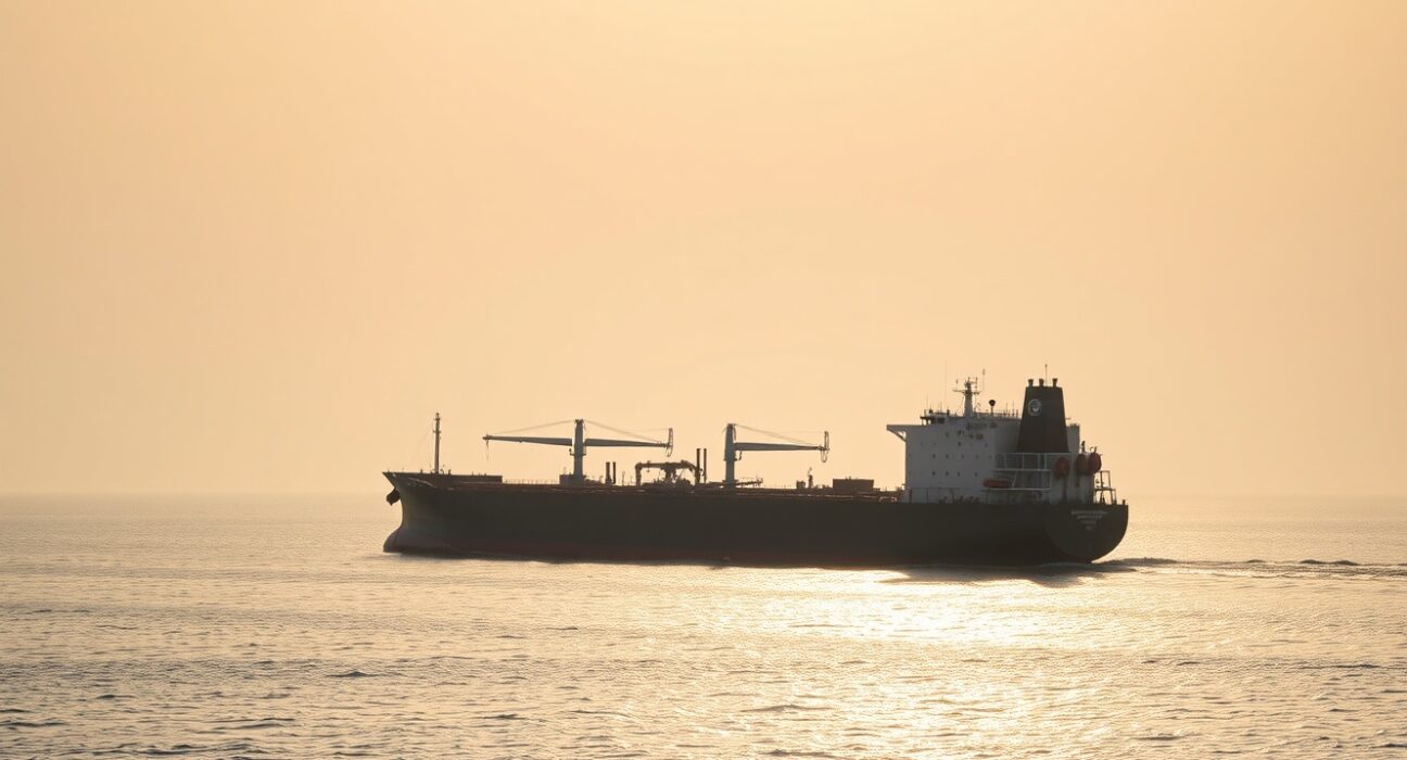 Aerial view of an oil tanker in the Strait of Hormuz, with calm waters and soft sunlight.