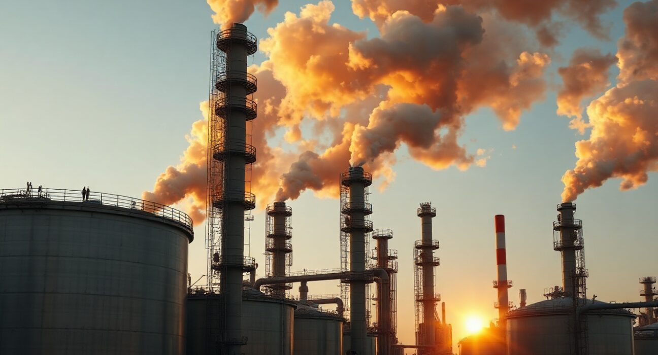 Oil refinery at sunset, symbolizing energy supply and geopolitical risk in the Middle East.