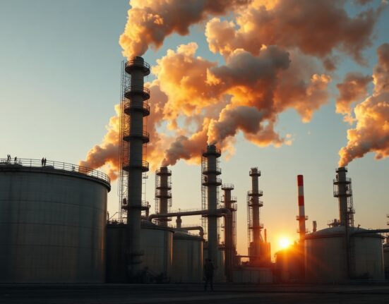 Oil refinery at sunset, symbolizing energy supply and geopolitical risk in the Middle East.