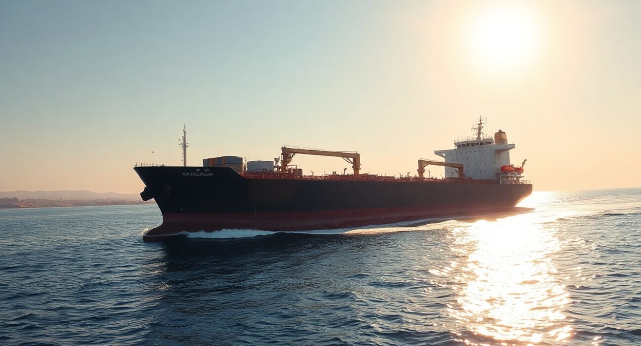 Crude oil tanker sailing through the Strait of Hormuz with Iran's coastline in the background.