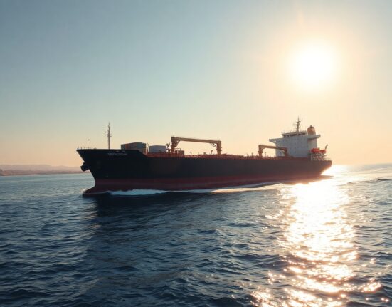 Crude oil tanker sailing through the Strait of Hormuz with Iran's coastline in the background.