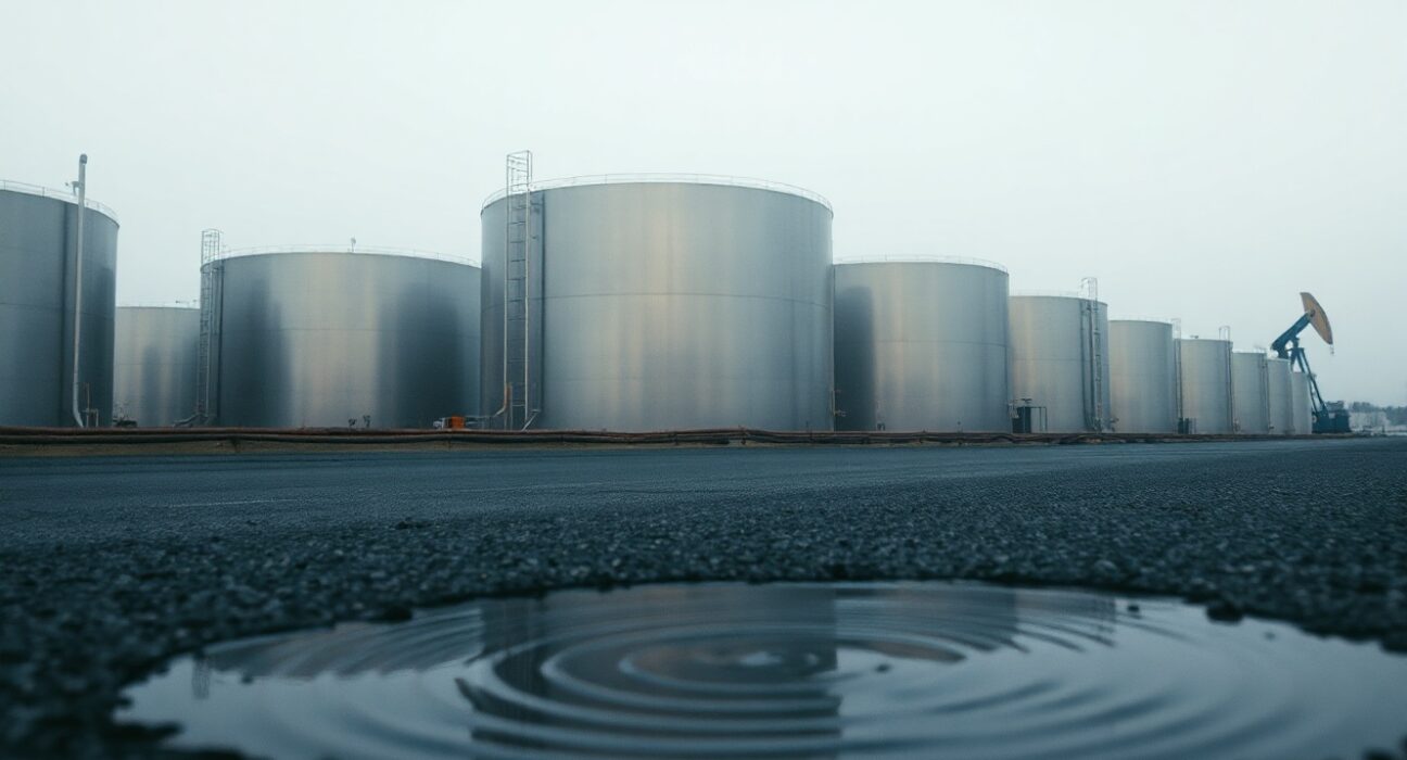 Aerial view of oil storage tanks at a refinery at dusk, representing crude oil markets.