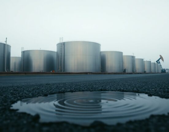 Aerial view of oil storage tanks at a refinery at dusk, representing crude oil markets.