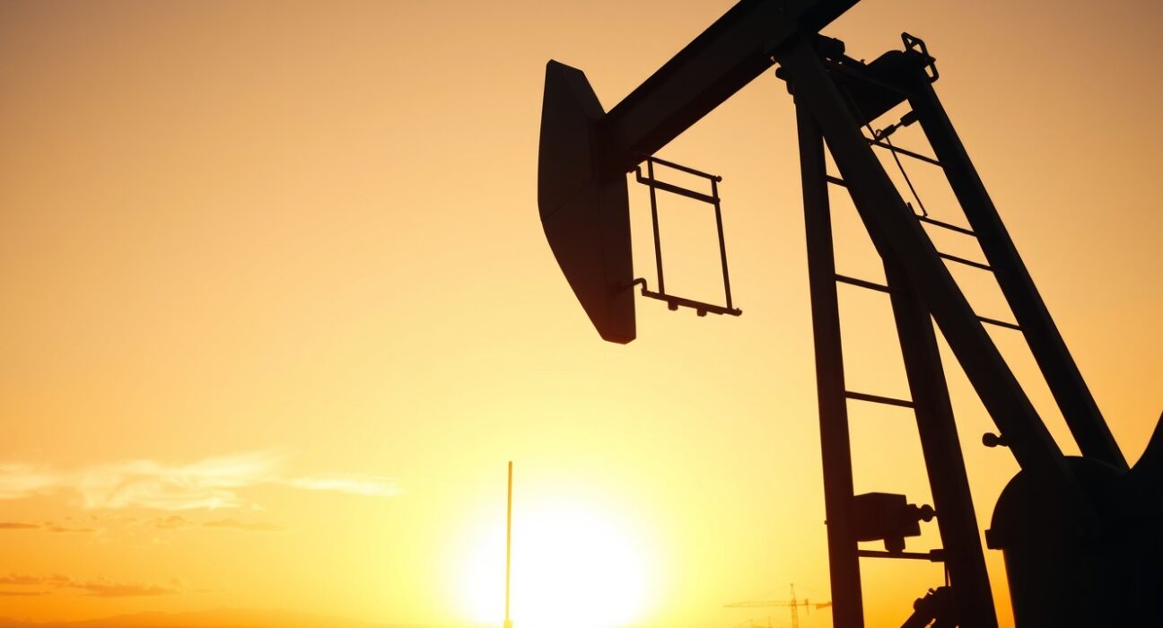 Oil pumpjack silhouetted against a sunset sky in an oil field, representing WTI crude oil price movements.