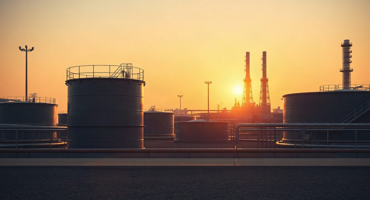 WTI crude oil storage tanks at an industrial facility at dusk