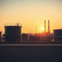 WTI crude oil storage tanks at an industrial facility at dusk