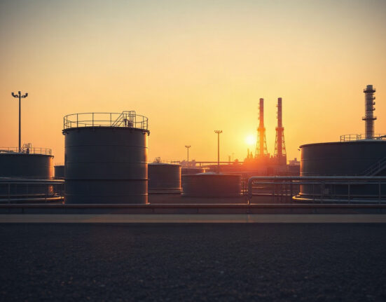 WTI crude oil storage tanks at an industrial facility at dusk