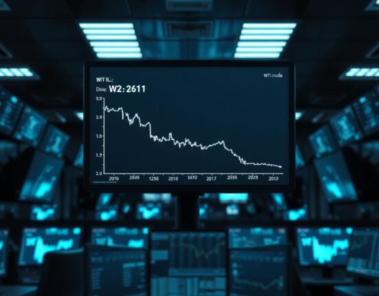 WTI crude oil price chart showing sharp decline on trading screen