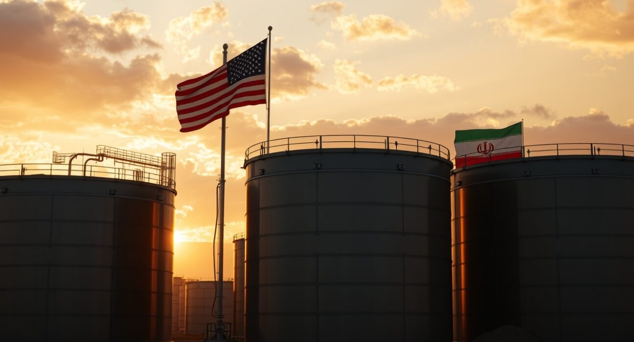 Crude oil storage tanks under a dramatic sunset sky, representing geopolitical oil market volatility.