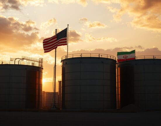 Crude oil storage tanks under a dramatic sunset sky, representing geopolitical oil market volatility.