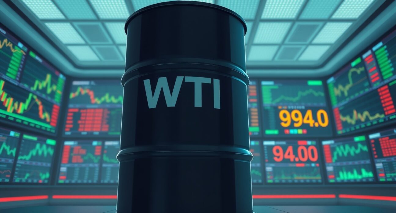 WTI Oil barrel on a trading floor with price near $94.00, illustrating the crude oil market analysis.